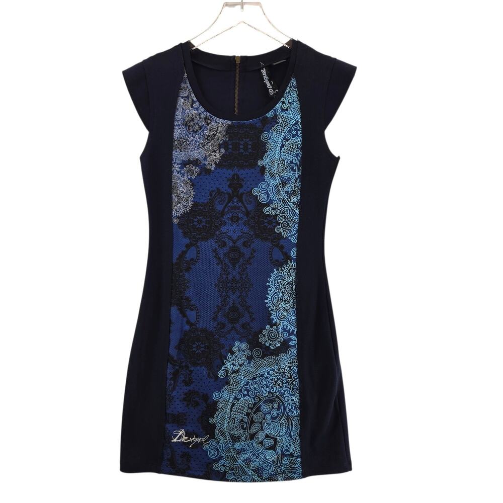 Desigual Mini‎ Dress Womens XS Sheath Blue Bohemian Short Cap Sleeves Stretch